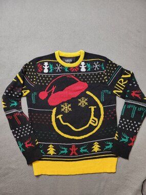 Nirvana Smiley Santa Hat Ugly Christmas Sweater Black Yellow Official